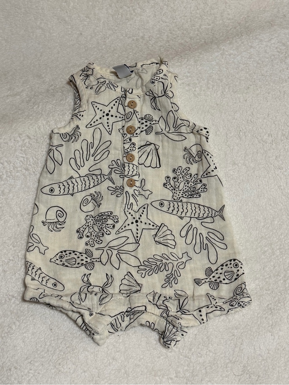 Old Navy Cream Romper with Black Sea Sketches (0-3M)